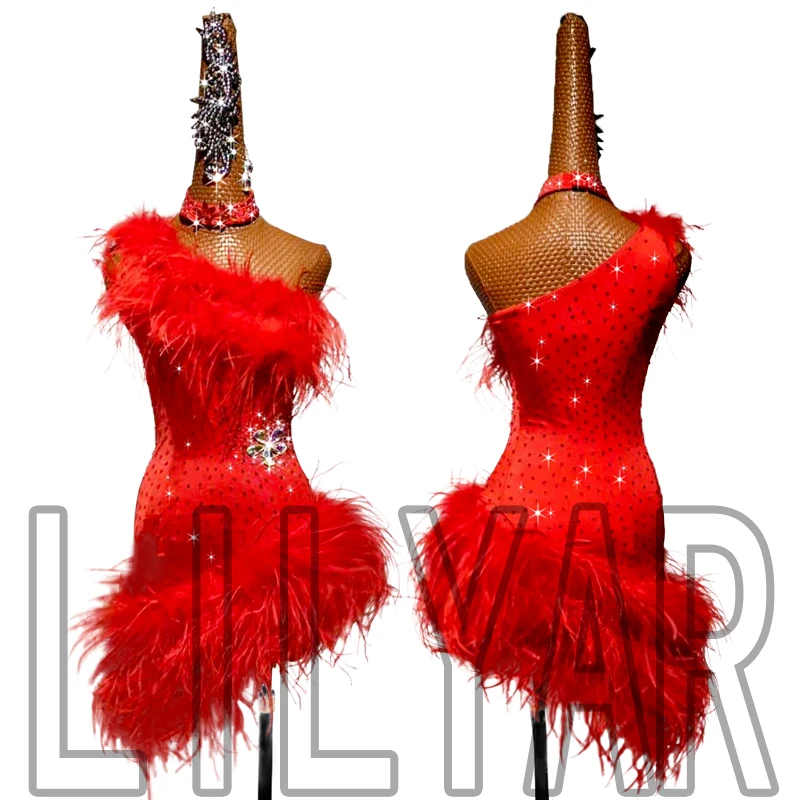 

New Latin dance skirt competition skirt performance Skirt Adult custom red feather slant shoulder sexy dance skirt