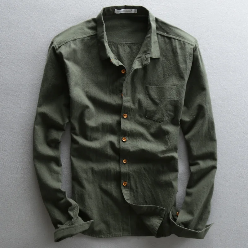 Льняные рубашки с длинным рукавом из хлопка приталенные отложным воротником