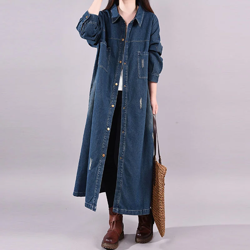 Женский Длинный джинсовый тренчкот двубортный облегающий модная ветровка для