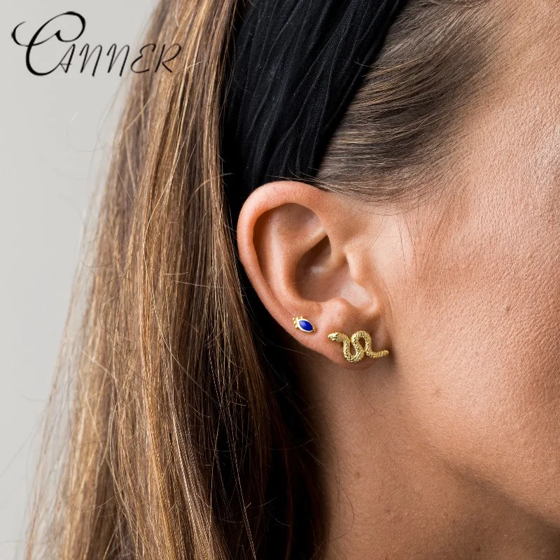 CANNER 100% 925 Sterling Silver Animal Snake Stud Earrings for Women Fashion Jewelry Punk Personalized Studs Earring Brincos | Украшения и