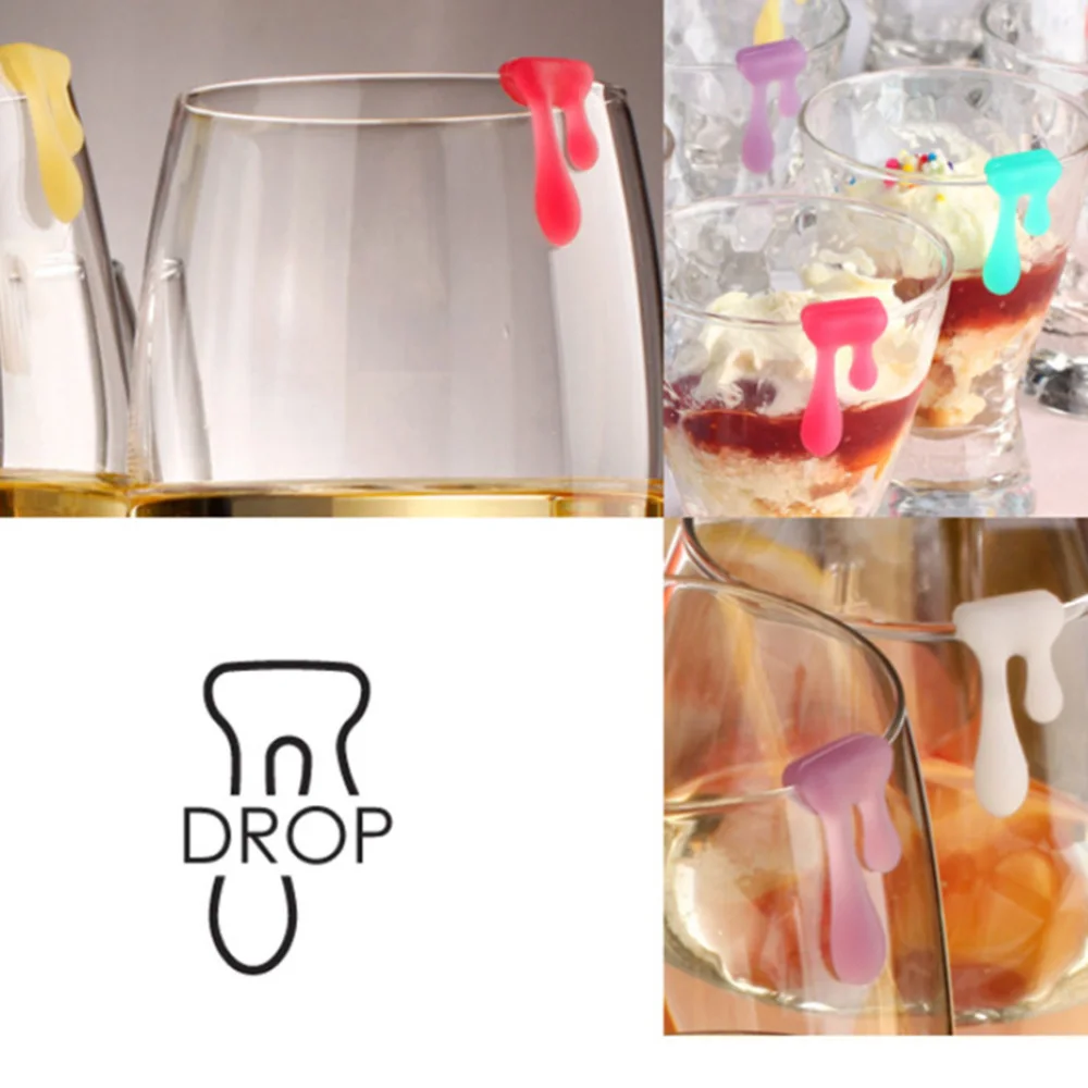 

6pcs Silicone Water Drop Shape Glass Marker Creative Drinking Cup Identifier Party Cup Sign (Random Color)
