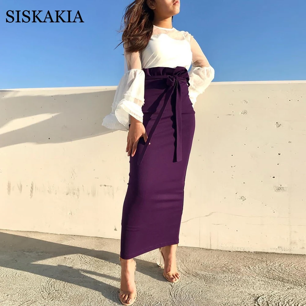 

Siskakia Ruffled Waist Maxi Skirt for Women Long Solid Empire Belted Slim Pencil Skirts Fashion Arabic Muslim Turkey Clothes New