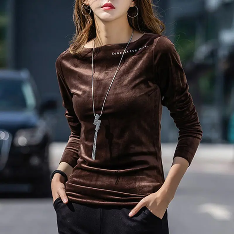 

Korean Style Velvet Tshirt Long Sleeves Tops for Women Slash Neck Letter Printed Slim Autumn Top Pullover T-shirt Femme