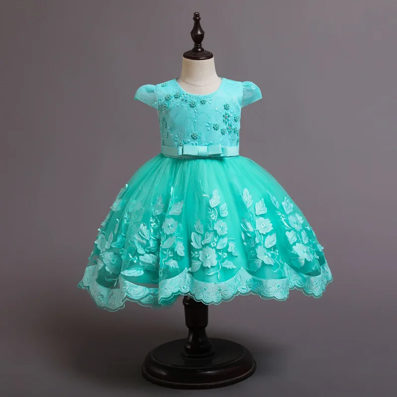 

Kids Elegant Dress Toddler Costume New Lace Bowknot Baby Girls 1st Birthday Dresses For Girls Embroidered Flower Princess Dress
