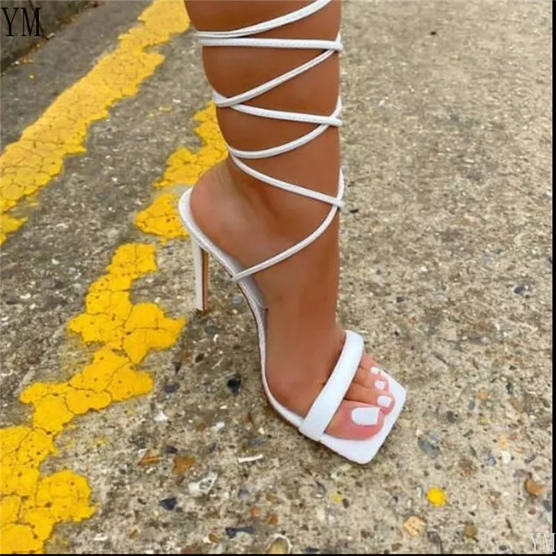 2021 Women Sandals Hollow Tied Square Toe Shoes Fashion White Leather Peep Toe Ankle Strap Ladies Thin High Heels Sandals 36-43