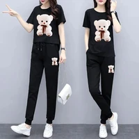 suit sports and leisure womens summer 2021 new black loose and thin korean style pants short sleeve two piece suit