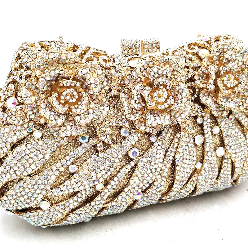 Luxury Bridal party purse women evening party handbag fashion diamonds wedding crystal clutches rose flower crystal purses