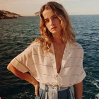 Женская блузка в полоску, с коротким рукавом летучая мышь и V-образным вырезом