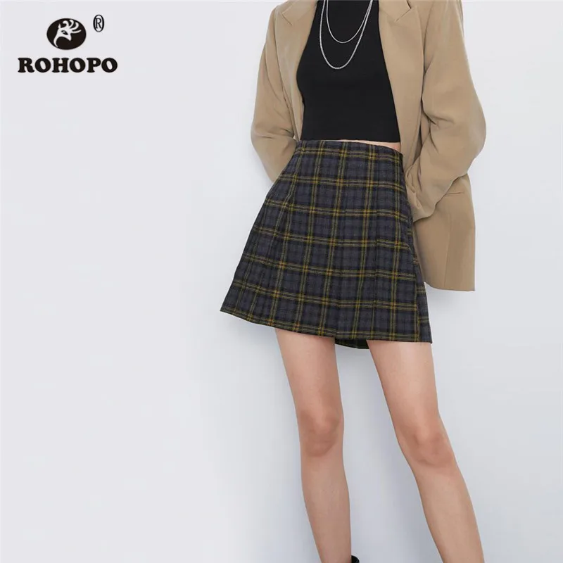ROHOPO желтая полосатая клетчатая юбка на молнии с поясом серая Женская