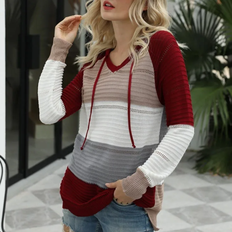 

Autumn and Winter New Style Elegant Fashion Striped Sweater Without Placket, Women's Long-sleeved Hollow Contrast Color Sweater