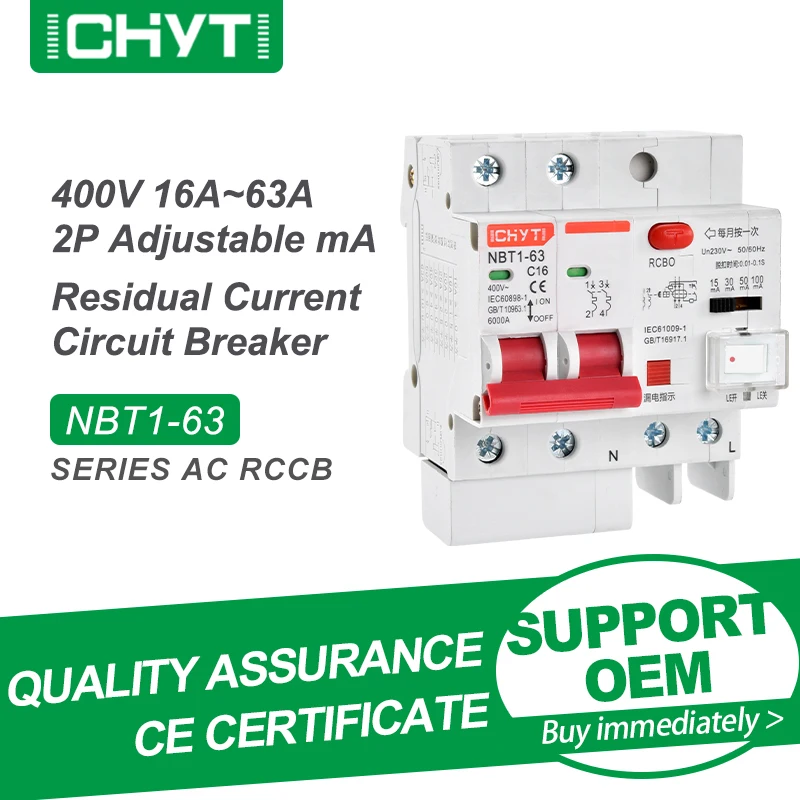 

Free Shipping CHYT NBT1-63 2P AC 400V 63A 6KA Adjustable Residual Current Circuit Breaker Leakage Protection Can Turn Off RCCB