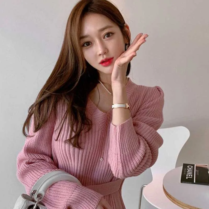 

One-Piece Woman Elegant Dress Korean V-Neck Lace Knitted Sweater Dresses Autumn Winter 2020 Women'S Long Sleeve Dress Sweater