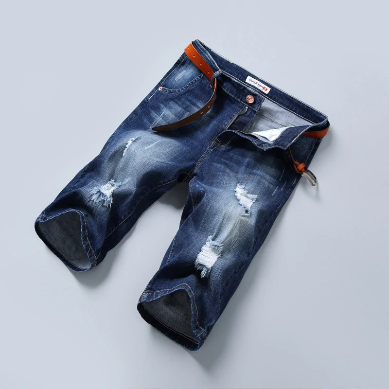 

AIRGRACIAS Summer Denim Shorts Ripped Holes Men's Slim cotton Men's Plus Size Five-Point Pants Pants Trend All-Match Jeans