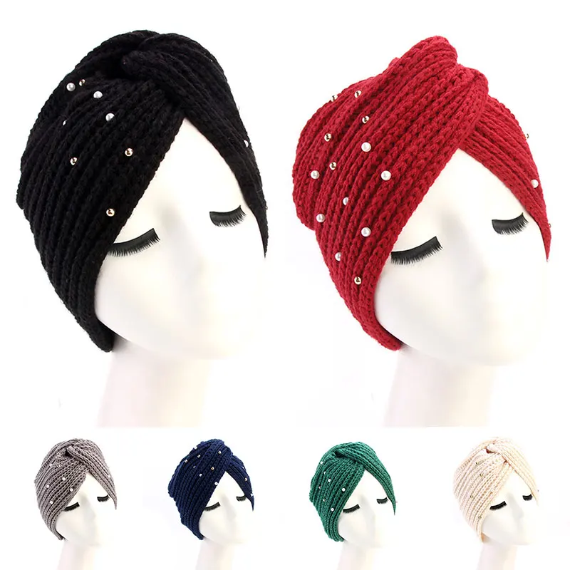 

Women Muslim Inner Hijab Caps Elegant Pearl Turban Cashmere Cross Wrap head Indian Hat Wool knitting hijab bonnet turbante cap