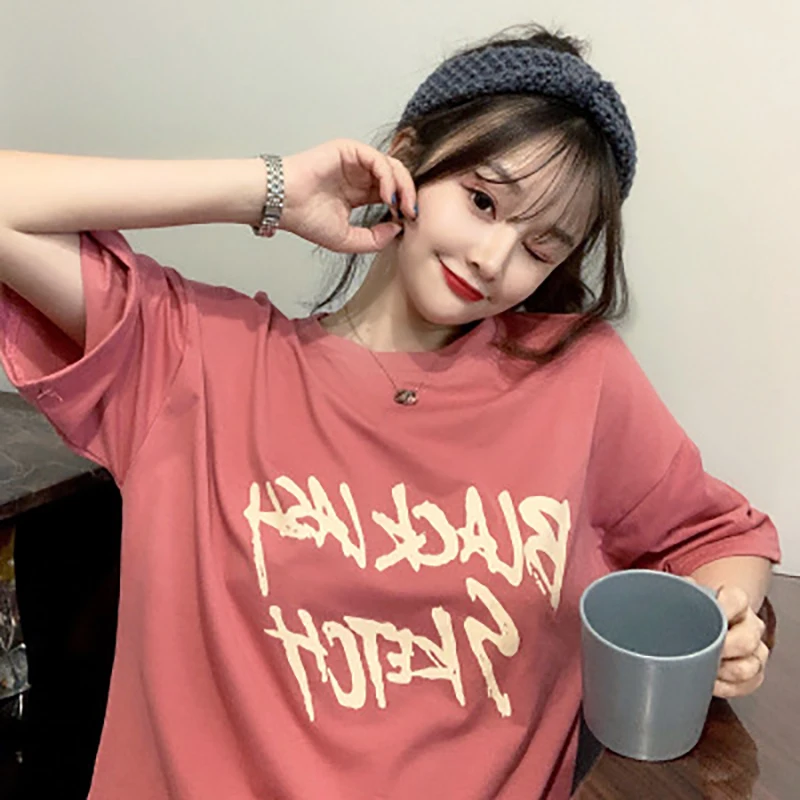 Женская хлопковая футболка с коротким рукавом свободная средней длины буквенным