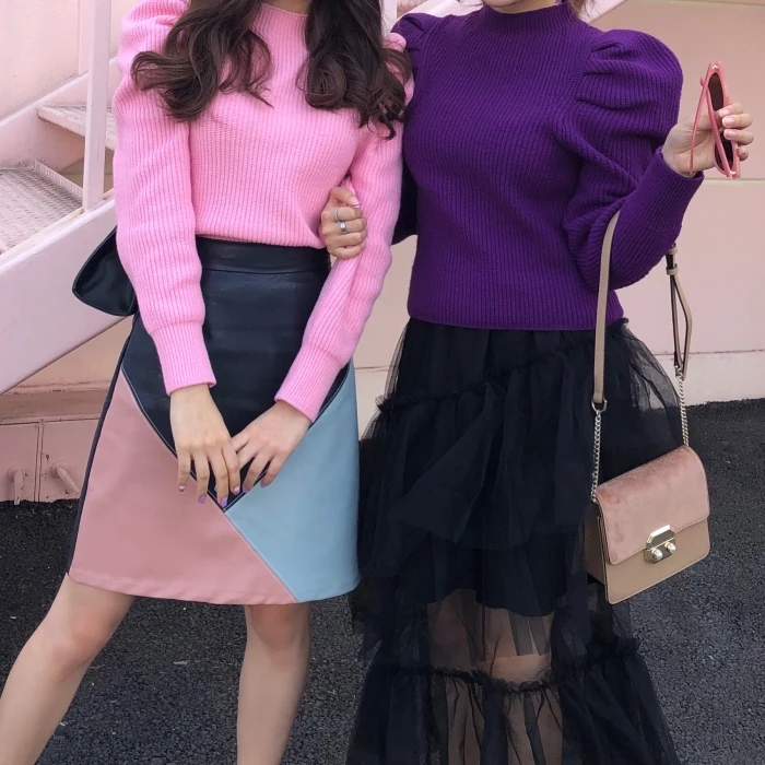 Женский свитер с длинным рукавом-фонариком вязаный высоким воротником