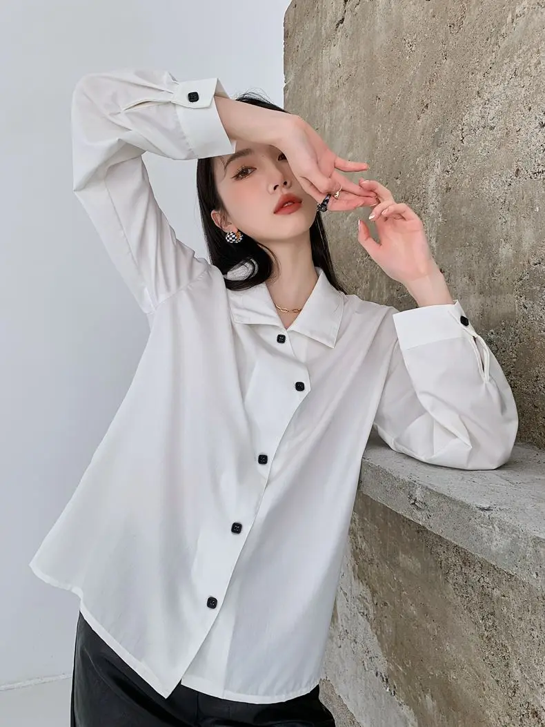 

SuperAen 2022 Spring New Solid Top Full Turn Down Collar Office Lady Casual Women Shirt