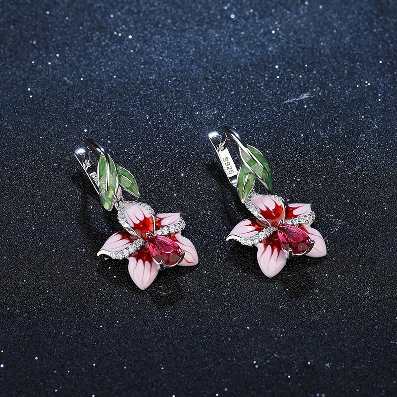 Luxurious Pink Blooming Lily Flowers Enamel Jewelry Sets For Women Elegant Red Crystal CZ 925 Sterling Silver Earrings Necklace | Украшения
