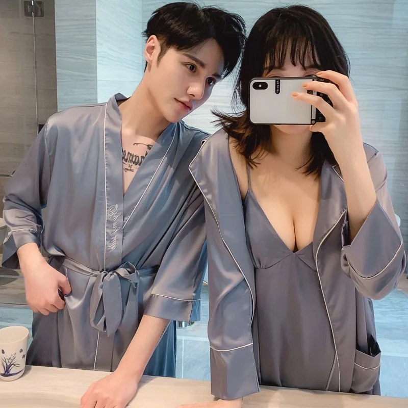 Новая весенняя Пижама для пар женская ночная рубашка шелковая с тонкими лямками
