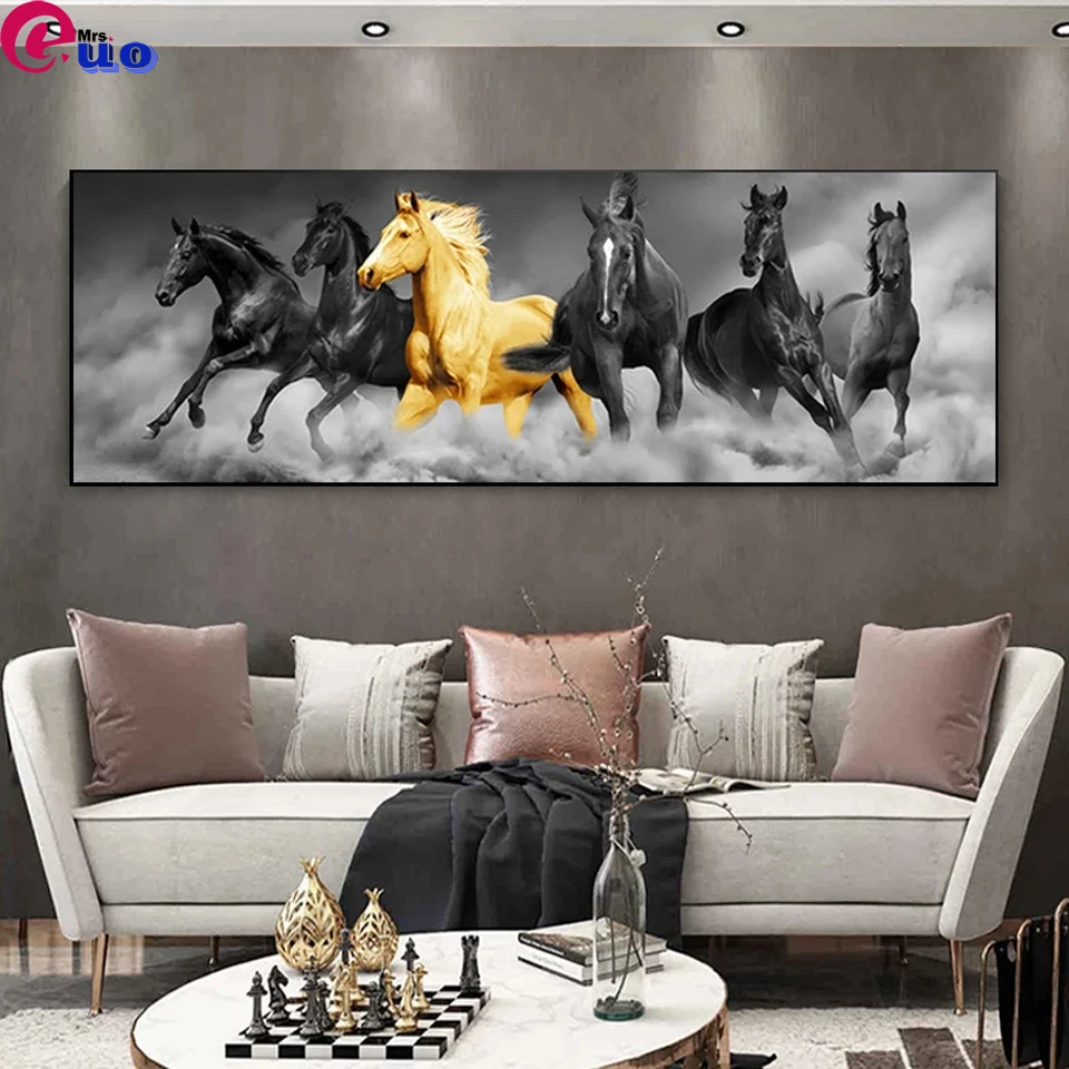 

Алмазная живопись бегущая лошадь, настенная мозаика, черные и золотые картины с животными, для гостиной, домашний декор, 6 шт.