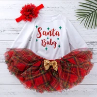 christmas red lattice tutu skirts flower long sleeve rompers baby clothing set infant girl clothes cotton socks headband 34pcs