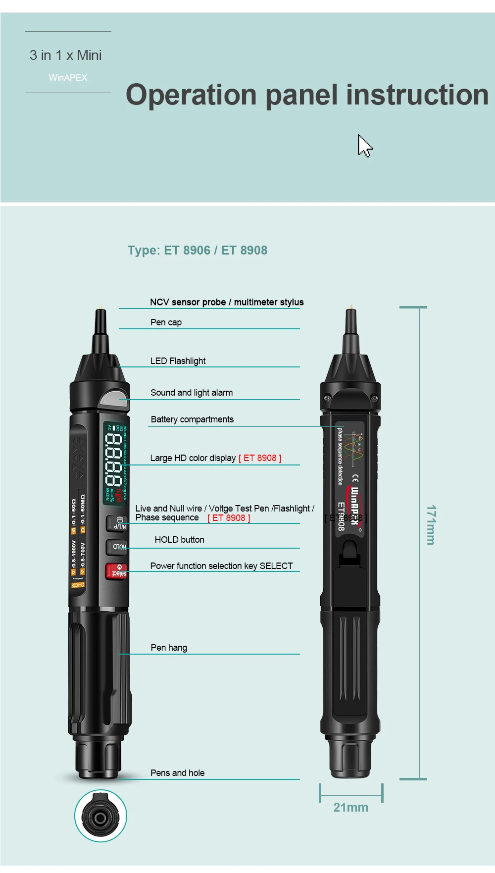 3 In 1 ET8906/ET8908 Pro True RMS Digital Multimeter profesional + Voltage Tester Pen +Phase Sequences Meter Voltmeter | Инструменты