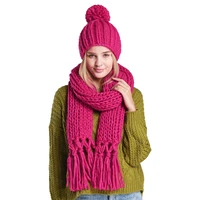 women winter 2pcs solid color cable knit pompom beanie hat tassel long scarf set