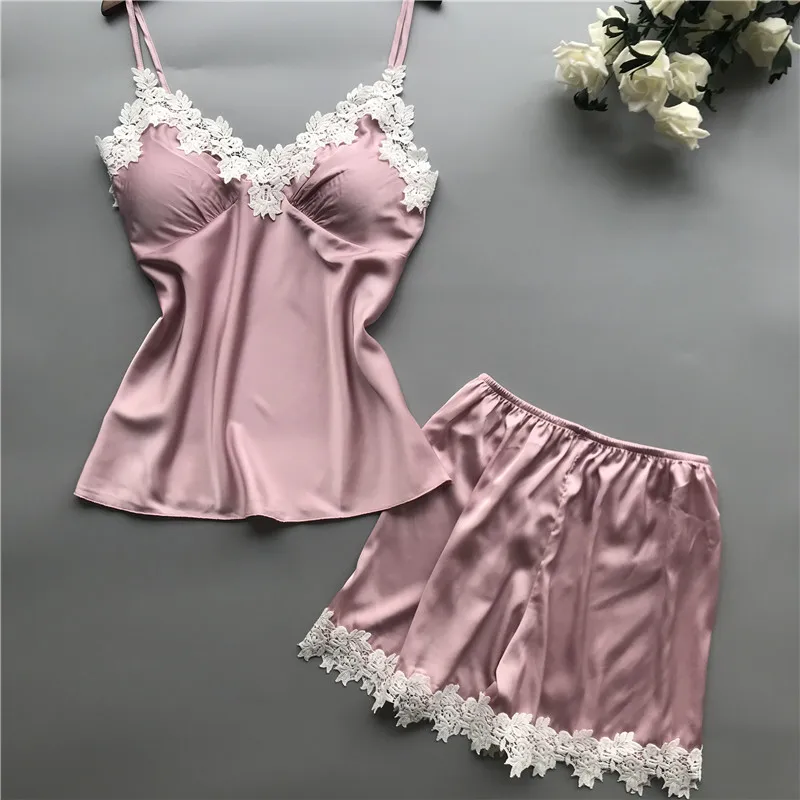 

Summer Ice Silk Pajamas with Chest Pad Sexy Silk Suspender Shorts Pajamas Two-piece Suit Female Japanese Home Service Hair