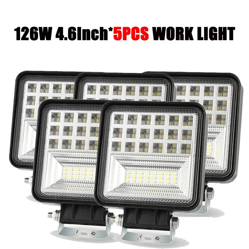 5PCS 126W 4.6Inch 126 Вт 4,6 дюймов внедорожный светильник, квадратный комбинированный точечный прожектор, светильник 4x4, Автомобильный светодиодный рабочий светильник, авто ATV, внедорожник, грузовик, мотоцикл, лодка, трейлеры - Цвет: 5PCS 126W 4.6Inch