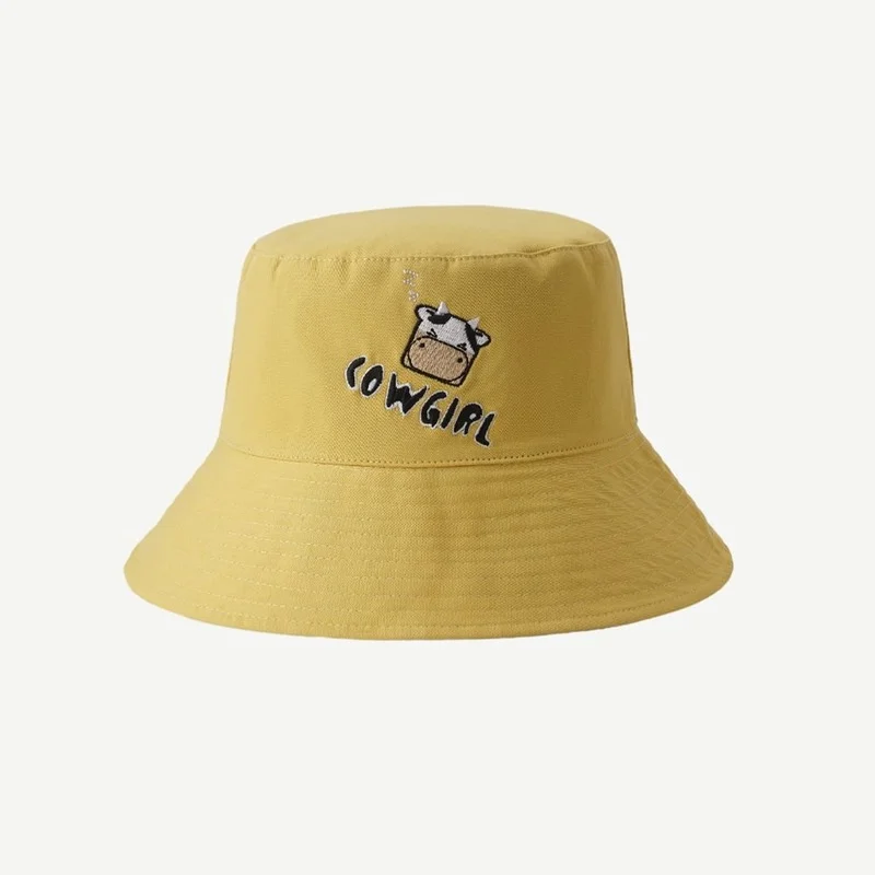 

South Korea Ins Small Cow Embroidery Fisherman Hat Female Cute Outdoor Sun Hat Cartoon Fashion Women Cotton Basin Hat