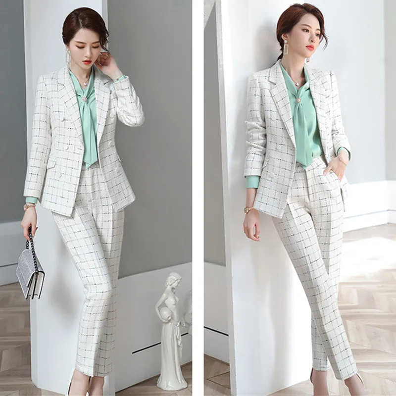 Женский костюм с клетчатыми брюками зимний модный женский твидовый пиджак