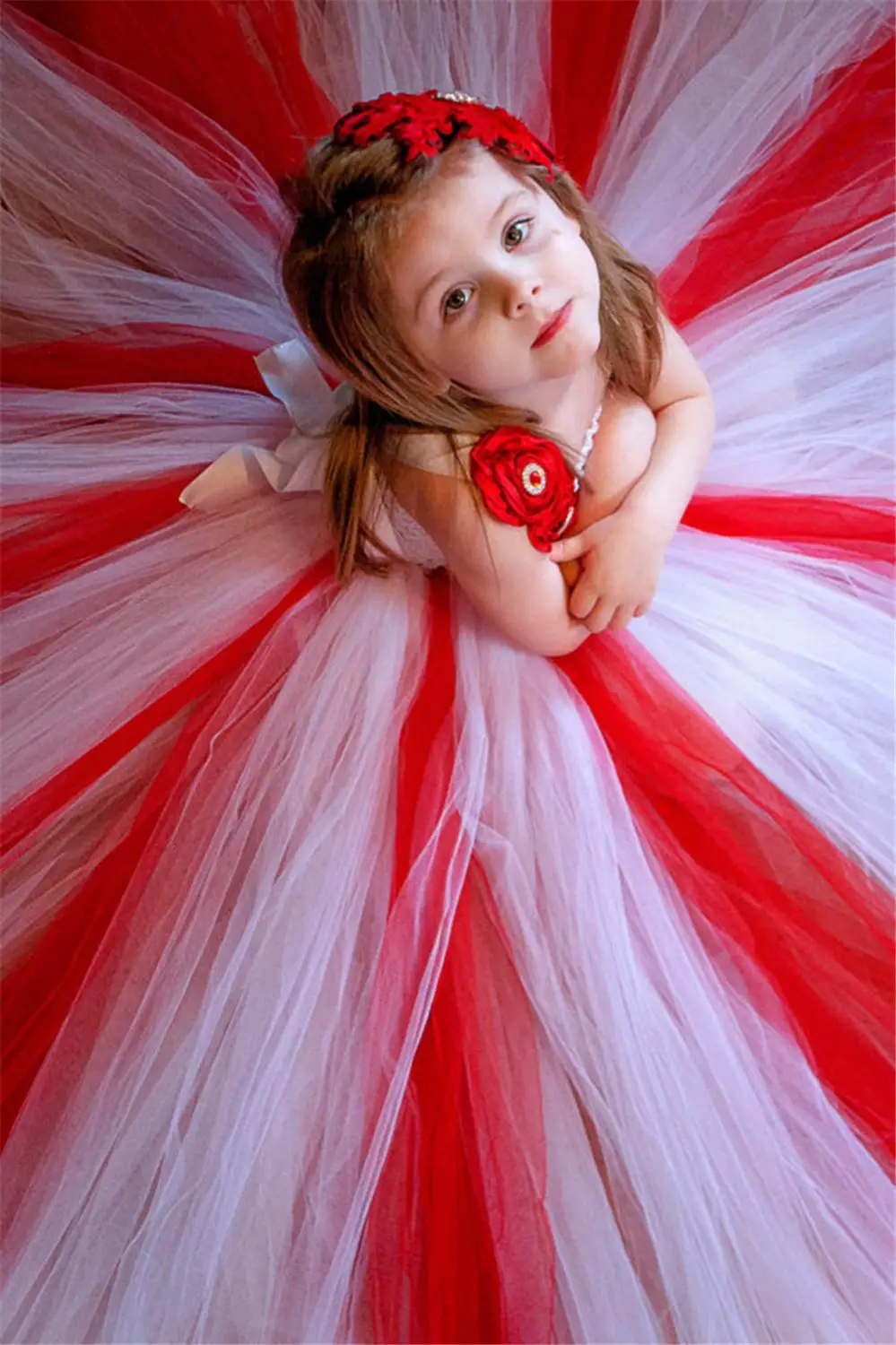 Girls Red White Tutu Dress Kids Crochet Tulle Long Ball Gown with Pearl Roses Children Birthday Party Costume Dresses | Детская одежда