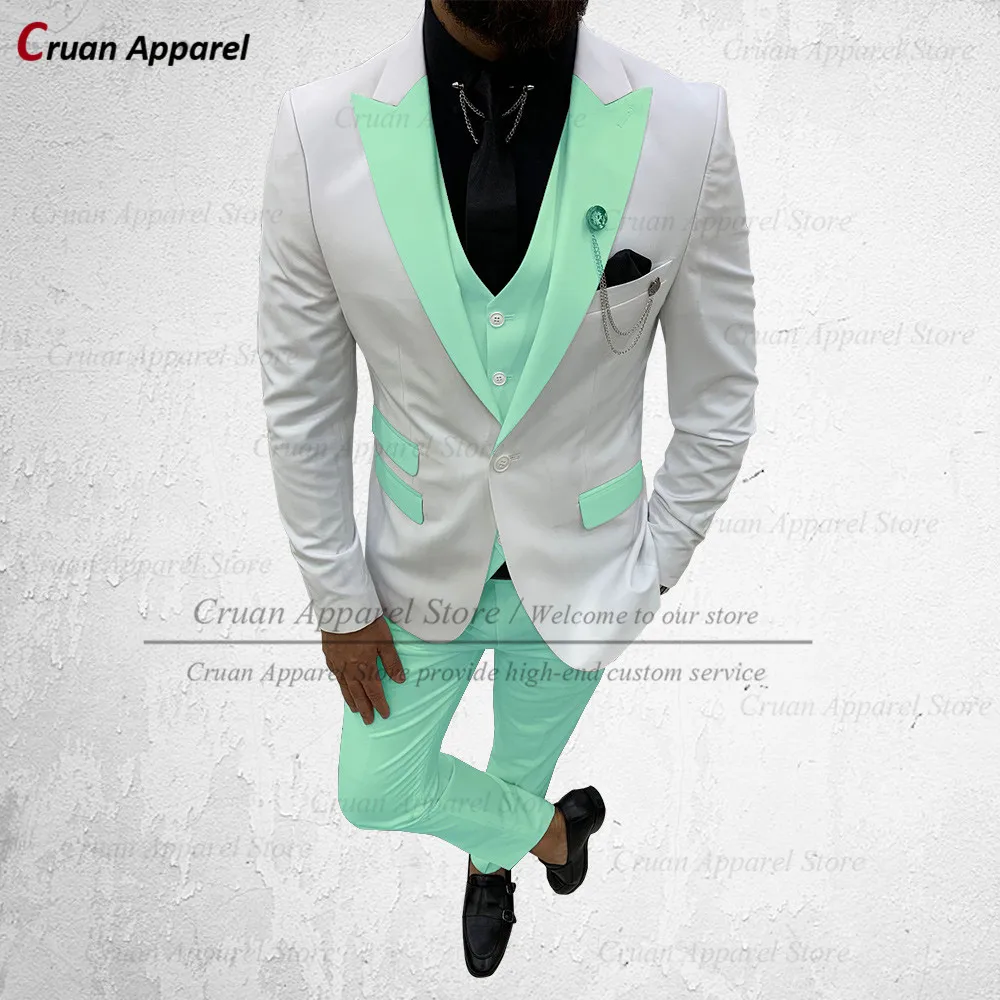 

(20 Colors) Latest Designs White Mint Mens Suit Set Groomsmen Groom Wedding Tuxedo Tailor-made Fashion Blazer Vest Pants 3Pcs