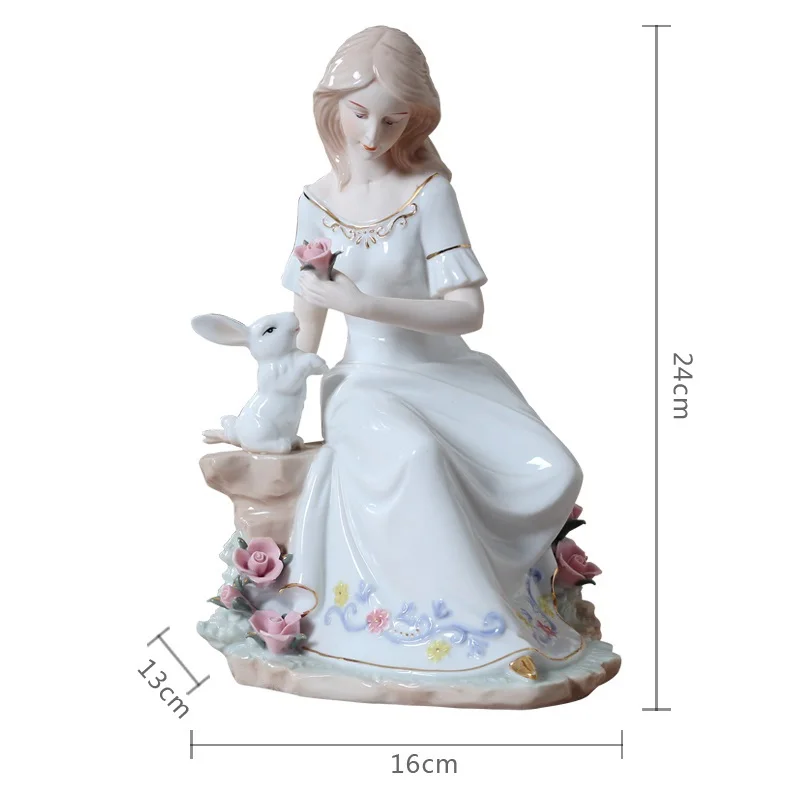 

Lady and Rabbit Figurine Ceramic Beauty Statue Craft Ornament Accessories for Home Decor Vintage Porcelain Antique Imitation
