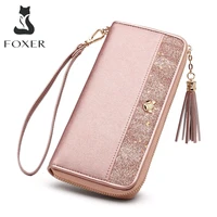 foxer womens clutch wallets glitter cowhide leather long card holder with wristle luxury female zipper purse lady clutch wallet
