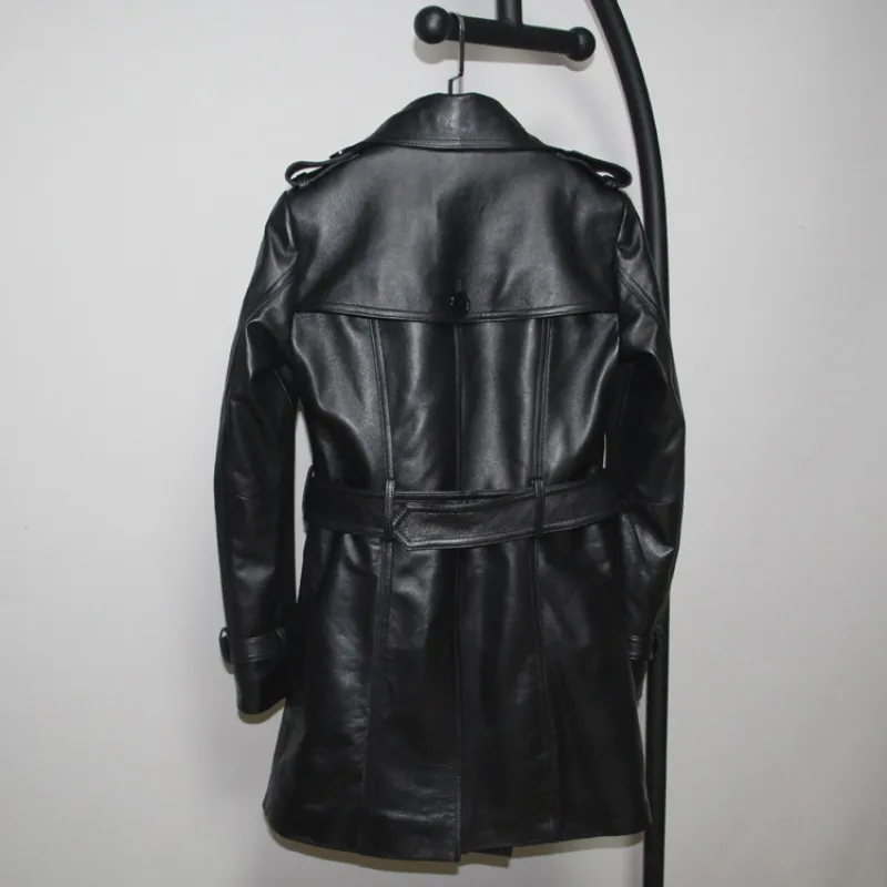 

Mid Women Natural Leather Long Jacket Slim Fit Office Ladies Double Breasted Belted Sheepskin Leather Coat Windbreaker Trench