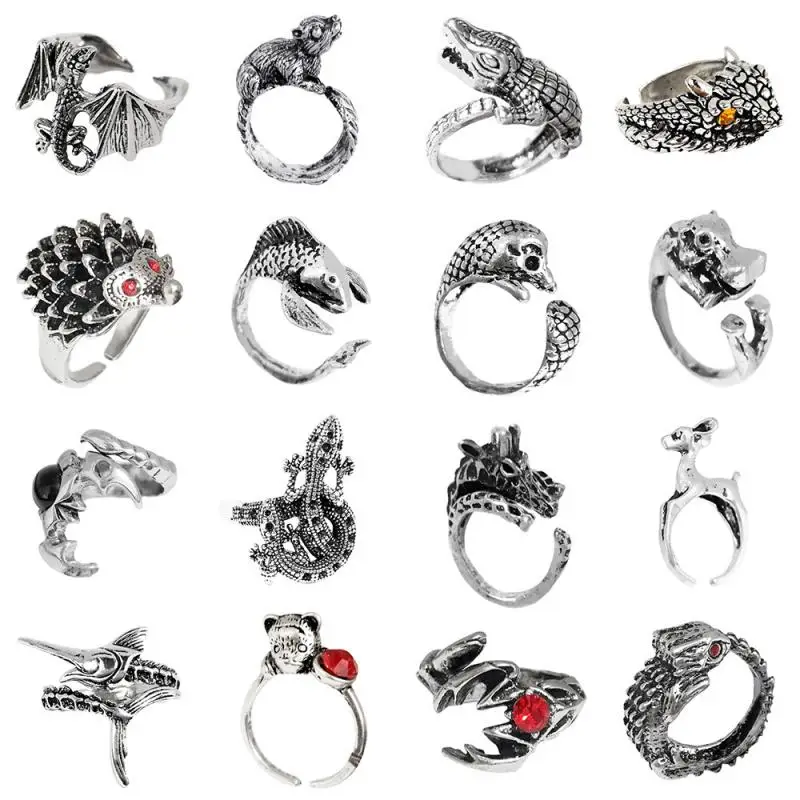 

Retro Open Animal Opening Adjustable Ring Fashion Men's and Women's Geometric Scorpion Tuna Fox Pattern Finger Ring Jewelry