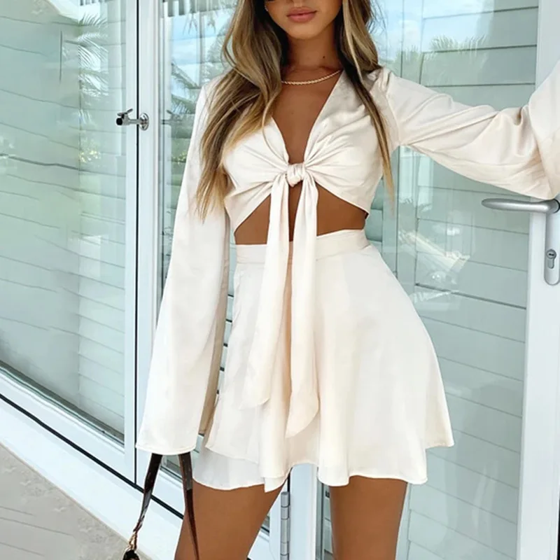 

Summer Fashion Sexy Lace-up V-neck Long-sleeved Womens Mini Dress Solid Color Beach Party Homewear Short Skirt Suit