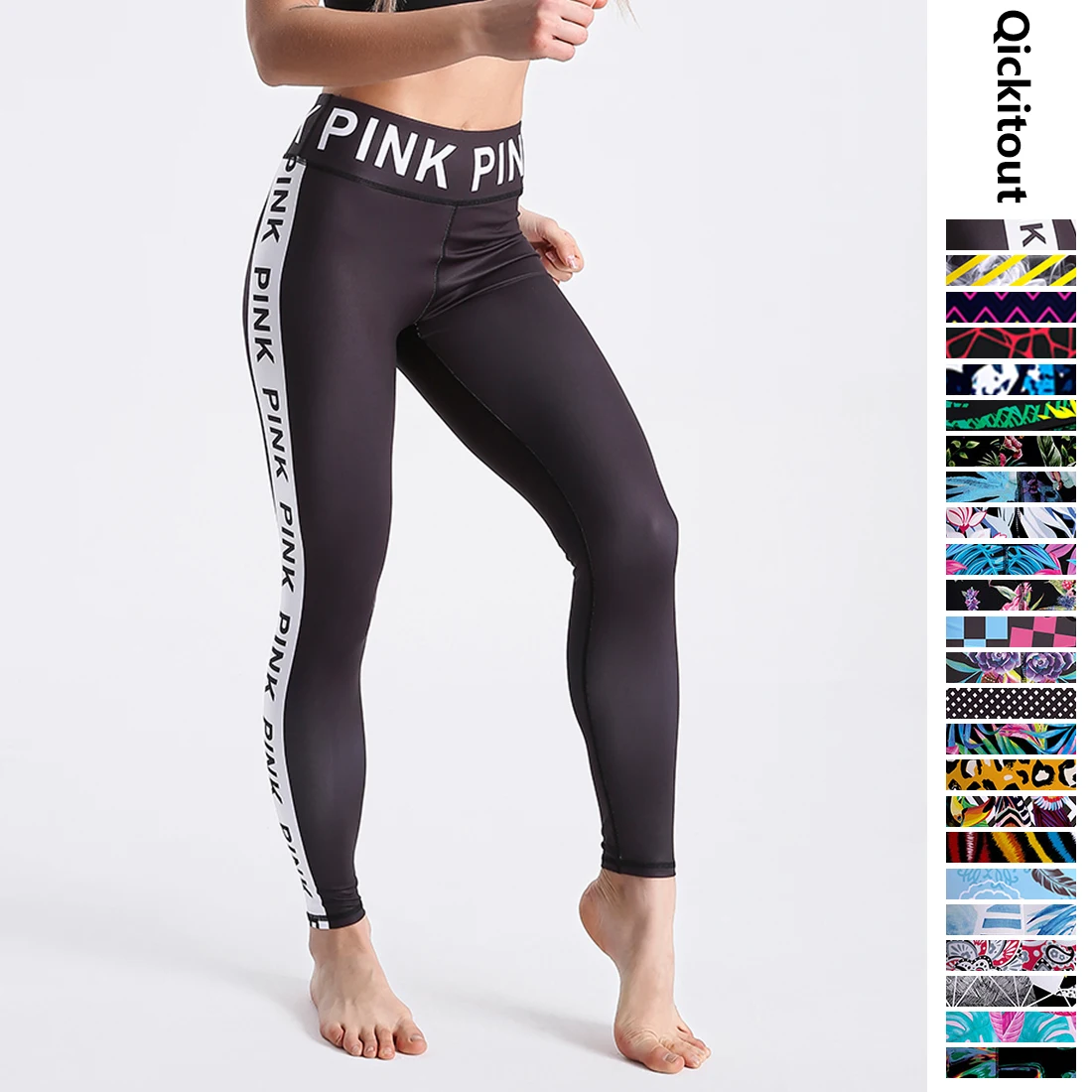 Леггинсы женские Qickitout летние черные с высокой талией принтом в виде букв сбоку