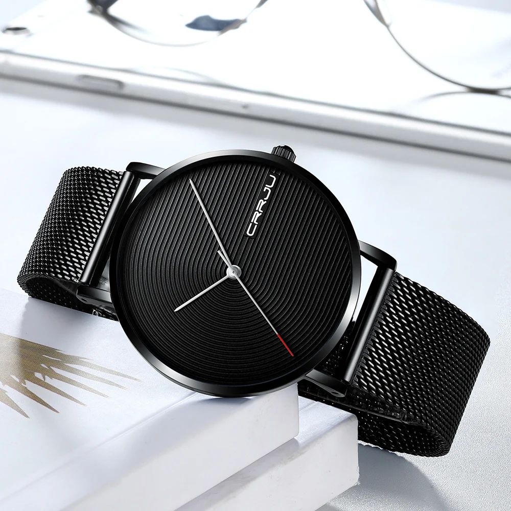 CRRJU мужские сетчатые часы из нержавеющей стали ультра тонкие модные бизнес-часы с