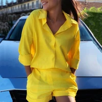 2021 new fashion elegant women casual 2 piece set solid color long sleeve shirt pocket design shorts set