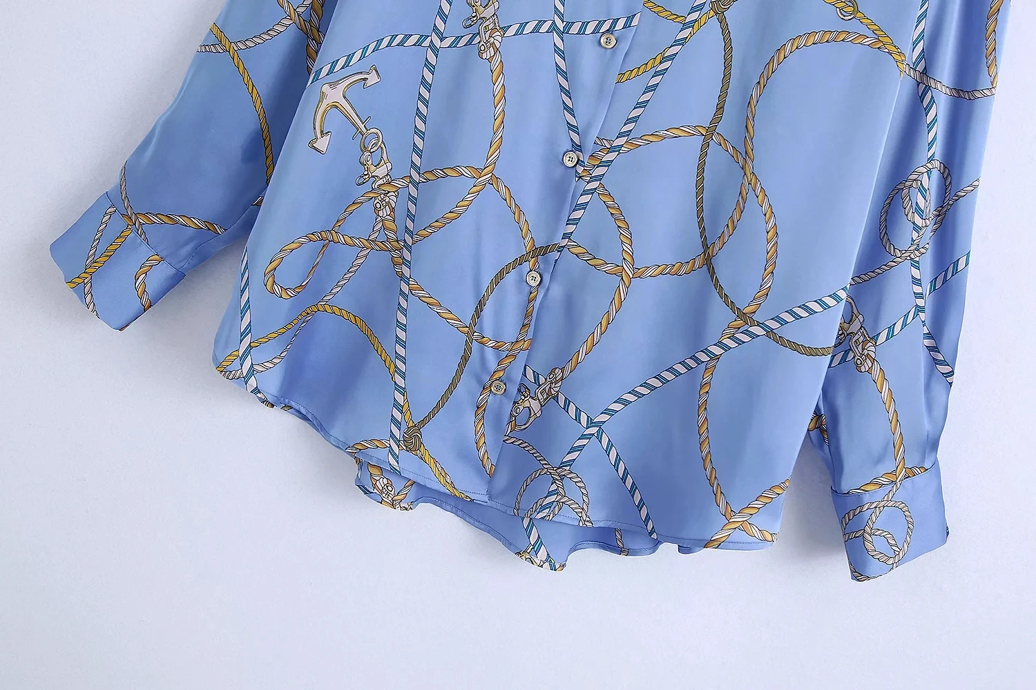 

Fashion Women Blouse 2021 Blue Print Satin Shirts Woman Fashion Long Sleeve Button Up Vintage Shirt Female Loose Casual Blouse