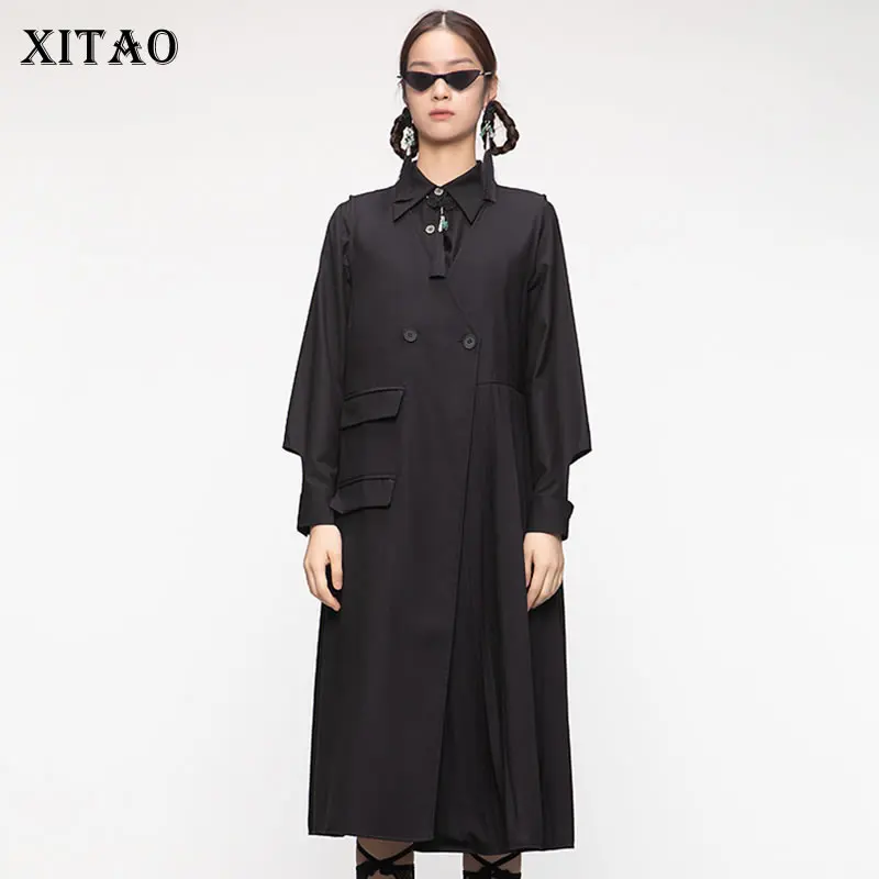 

XITAO Double Breasted Pleated Dress Women 2021 Autumn New Arrival Personality Fashion Loose V-neck Sleeveles Dress WMD3831