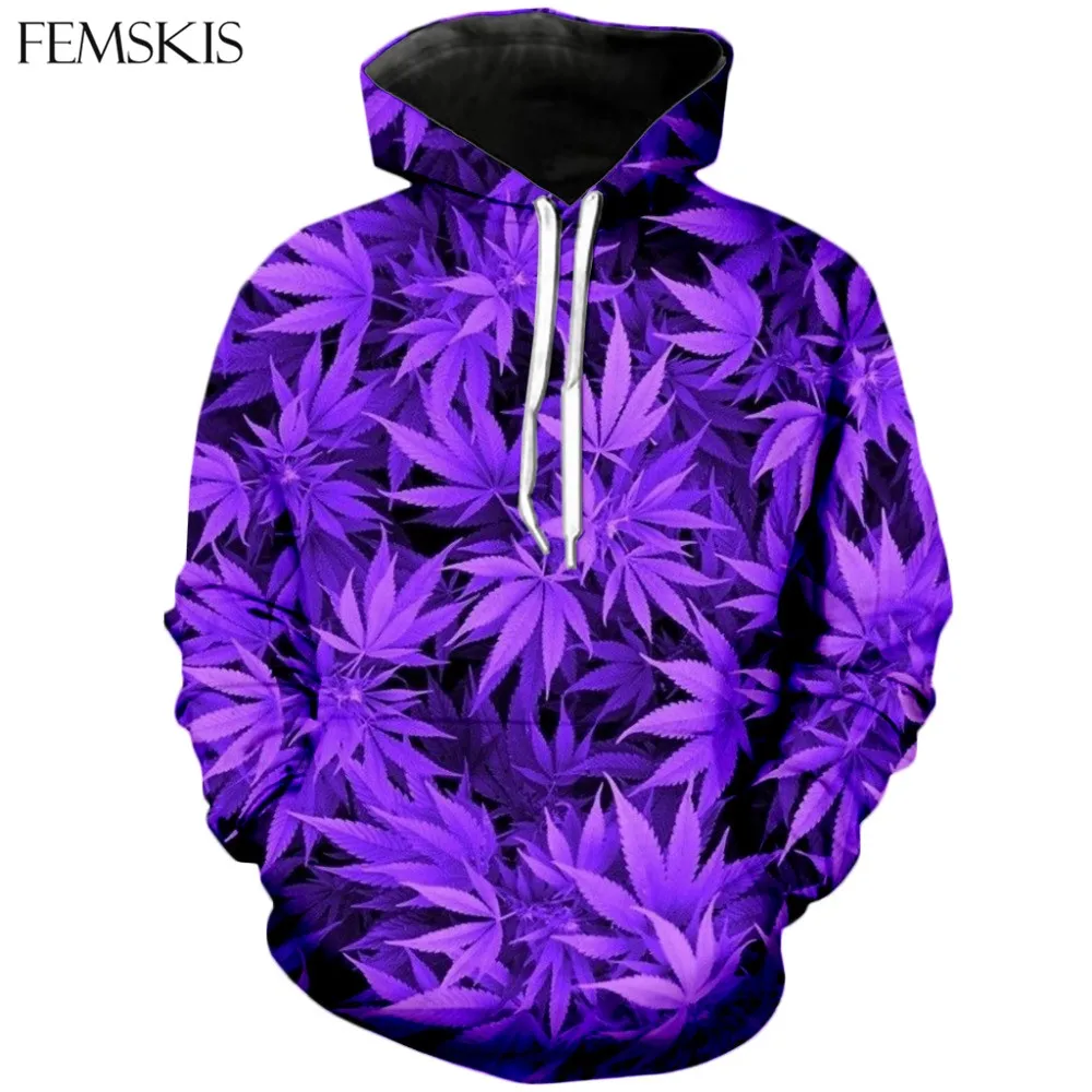 

FEMSKIS Spring Autumn Fashion Purple Weed Hoodie 3D Print Mens Womens Casual Hooded Sweatshirt Long Sleeve Hoody Sport Wear