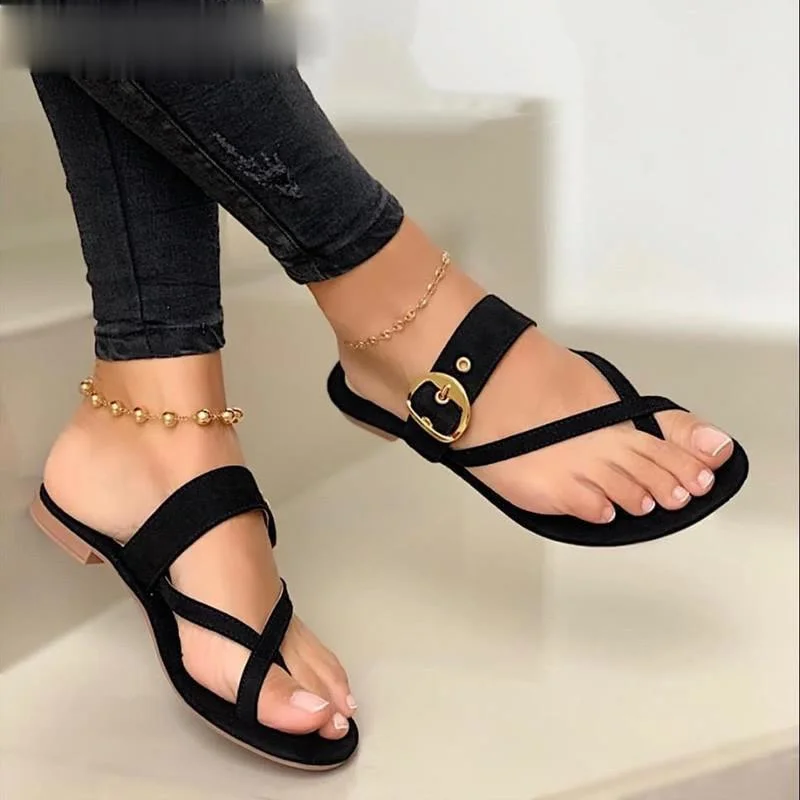 

2020 Women Summer Slippers Fashion Buckle Flip Flops Slippers Solid Women Shoes Casual Flats Beach Ladies Plus Size