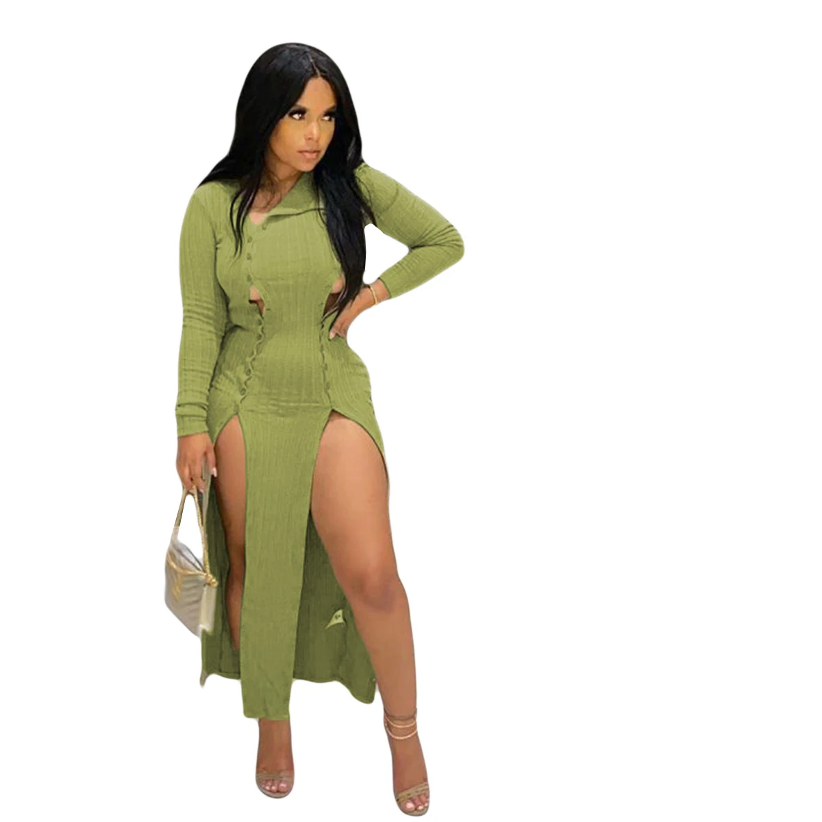 

Cutubly Turn-Down Collar Sexy Bodycon Dress Fashion Female Solid Maxi Dress Long Sleeve Double Breasted Split Night Club Dresses