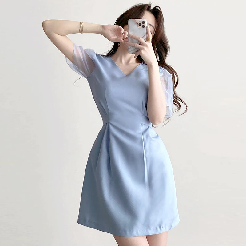 

Summer Office Wear Casual White Dress Women Organza Patchwork Puff Sleeve V-Neck Bow Tie Blue Slim Chic Vestidos