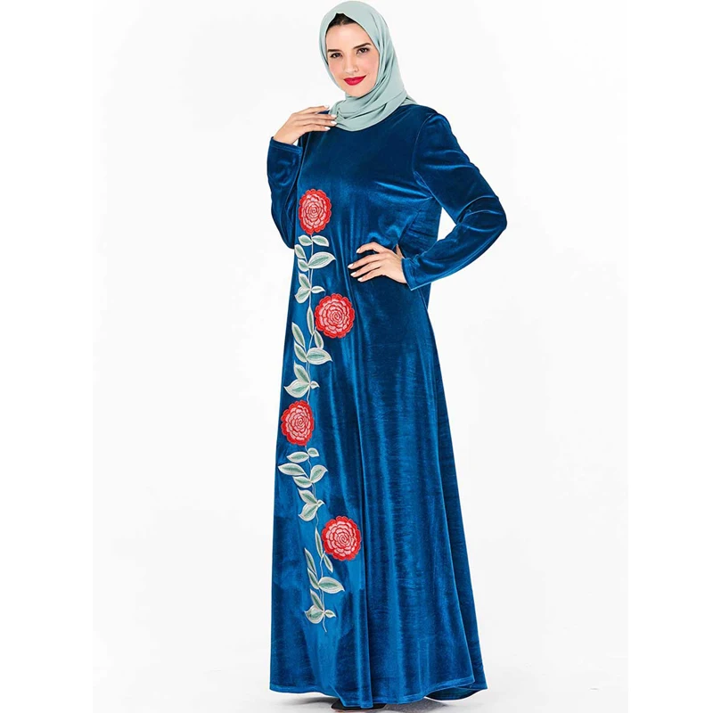 Синее свободное платье-маятник с вышивкой Золотая Бархатная длинная юбка