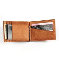 fashion solid mens thin bifold money clip genuine leather wallet with metal clamp rfid male credit card purse coin holder men