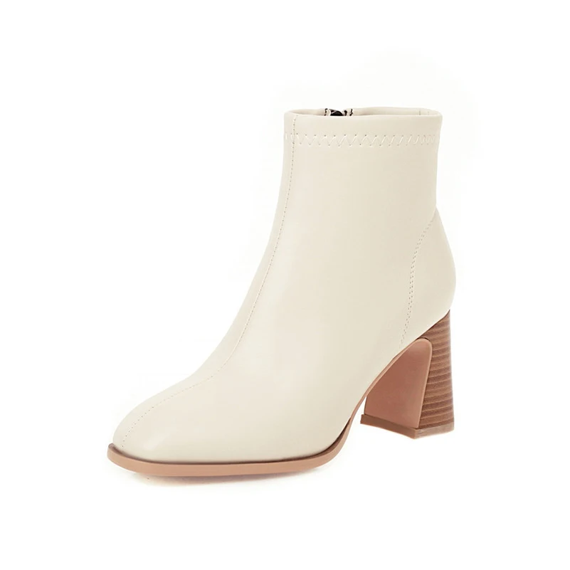 

ANNYMOLI Woman Boots High Heel Ankle Boots Zip Chunky Heel Shoes Round Toe Short Boots Female Autumn Winter Beige Large Size 46